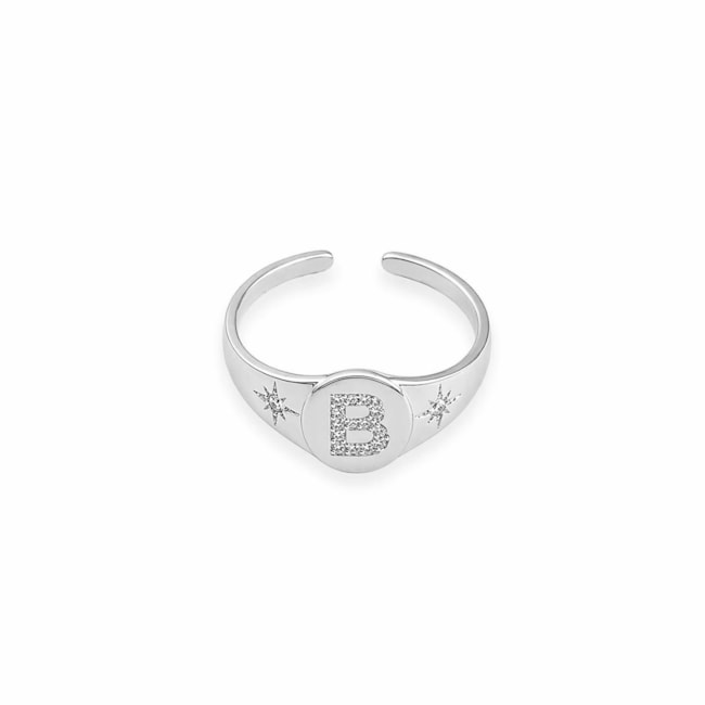 ANEL AJUSTÁVEL COM LETRA B CRAVEJADA DE ZIRCÔNIA CRISTAL