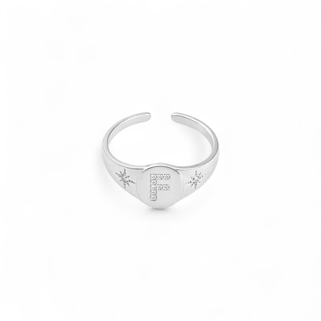 ANEL AJUSTÁVEL COM LETRA F CRAVEJADA DE ZIRCÔNIA CRISTAL