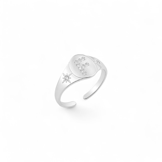 ANEL AJUSTÁVEL COM LETRA F CRAVEJADA DE ZIRCÔNIA CRISTAL