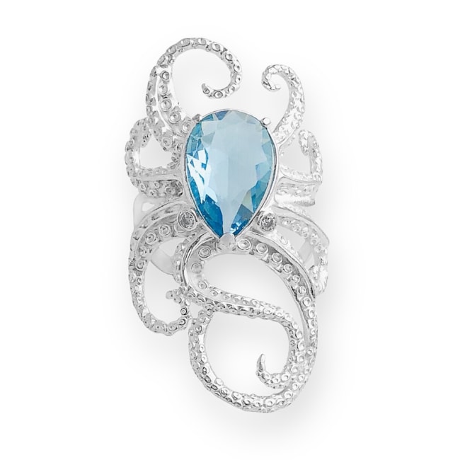 Anel Ajustável de Polvo com Zircônia em Água Marinha