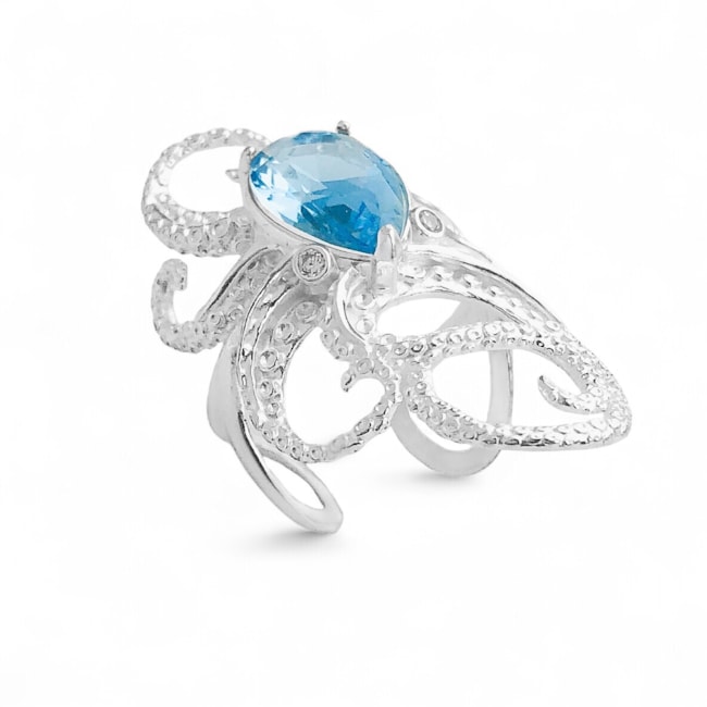 Anel Ajustável de Polvo com Zircônia em Água Marinha