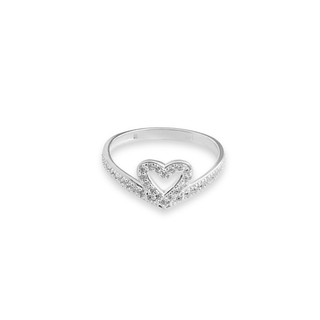 Anel Aro em V de Coração Vazado Cravejado de Zircônia Cristal 