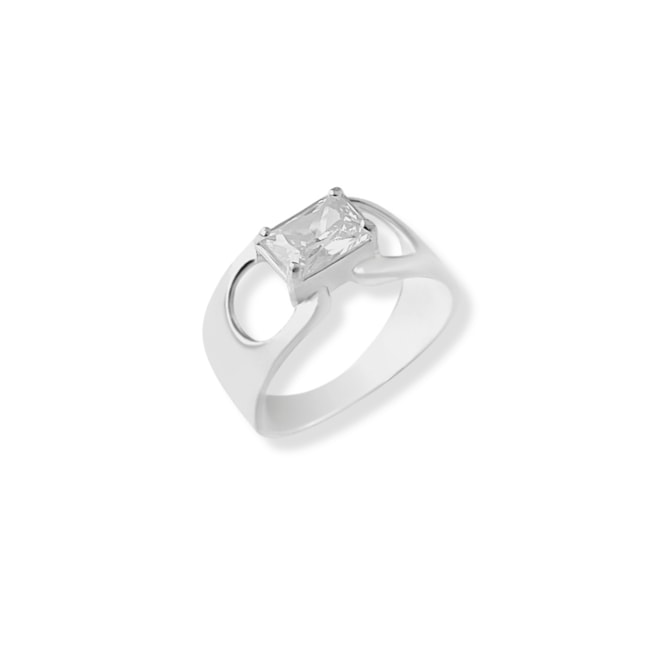 Anel Aro Largo com Zircônia Quadrada no Centro Vazado nas Laterais