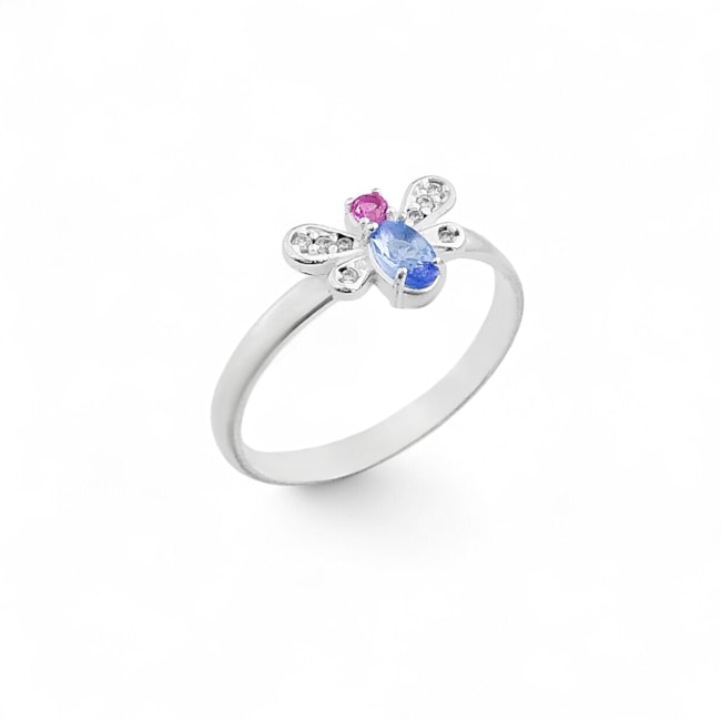 Anel Aro Liso com Libélula de Zircônias Água Marinha Rubi Rose e Cristal
