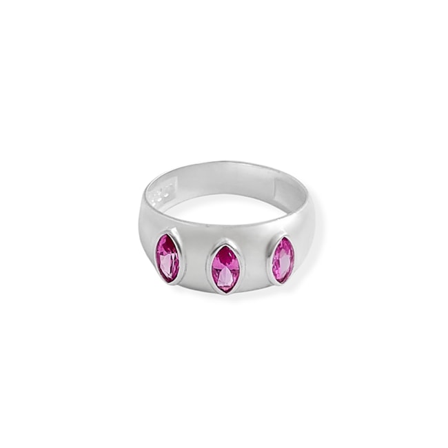 Anel Aro Liso com Três Zircônias Navete Rubi Rose 