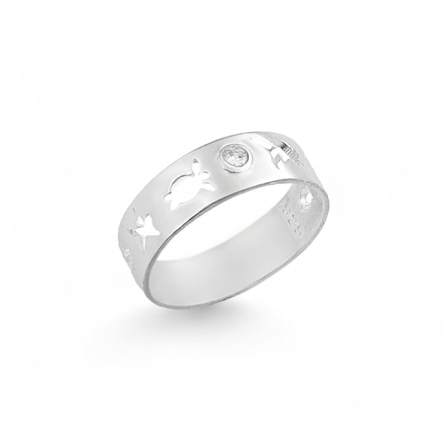 Anel Aro Liso com Zircônia Cristal Peixes e Tartarugas 