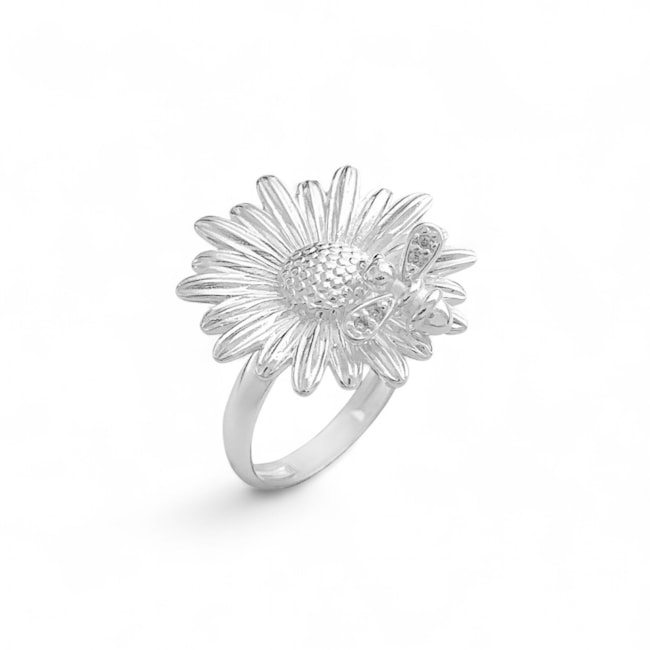 Anel Aro Liso de Flor com Abelha Cravejada de Zircônias 