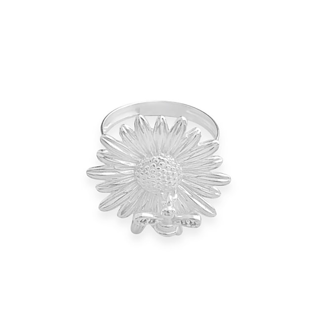 Anel Aro Liso de Flor com Abelha Cravejada de Zircônias 