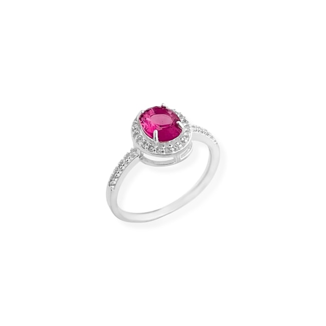 Anel com Aro Cravejado e Zircônia Oval Rubi Rose