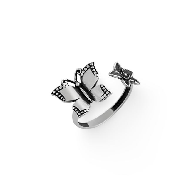 Anel com Borboleta e Flor Envelhecido Ajustável 