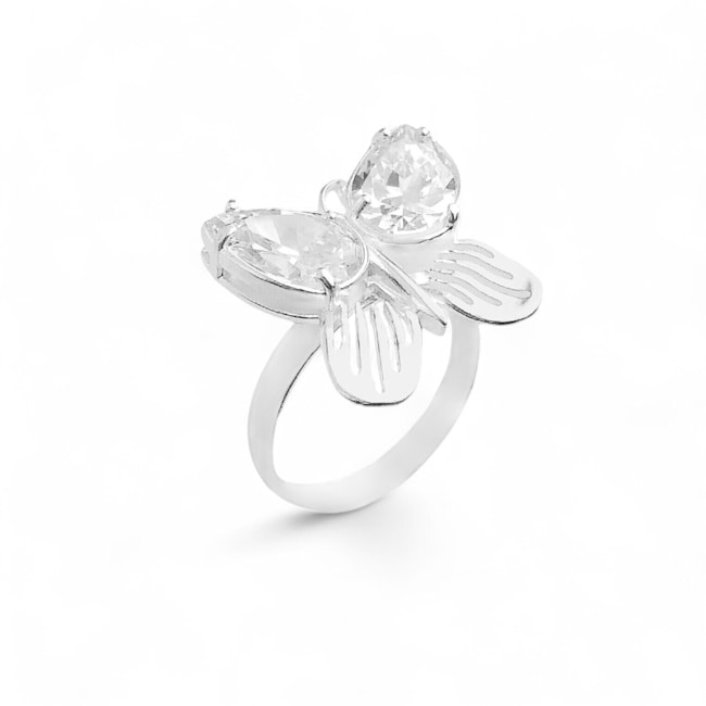 Anel com Borboleta Vazada e Zircônias Brancas 