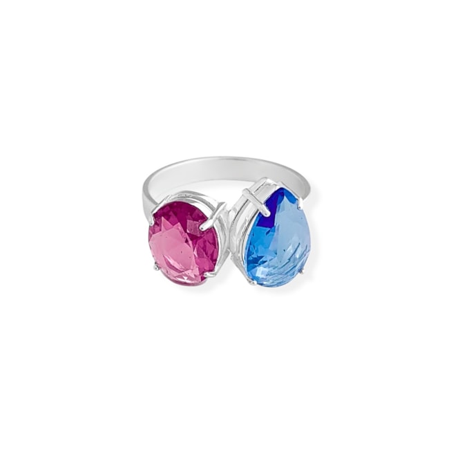 Anel com Zircônia Água Marinha em Gota e Rubi Oval