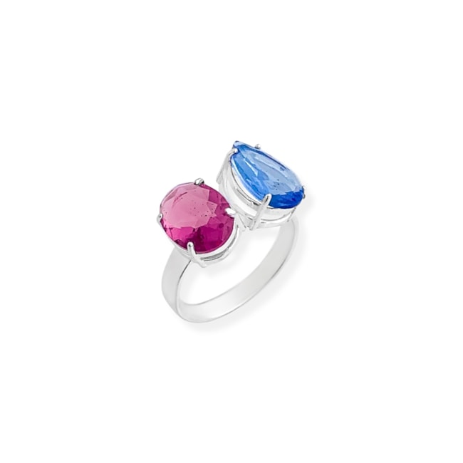 Anel com Zircônia Água Marinha em Gota e Rubi Oval