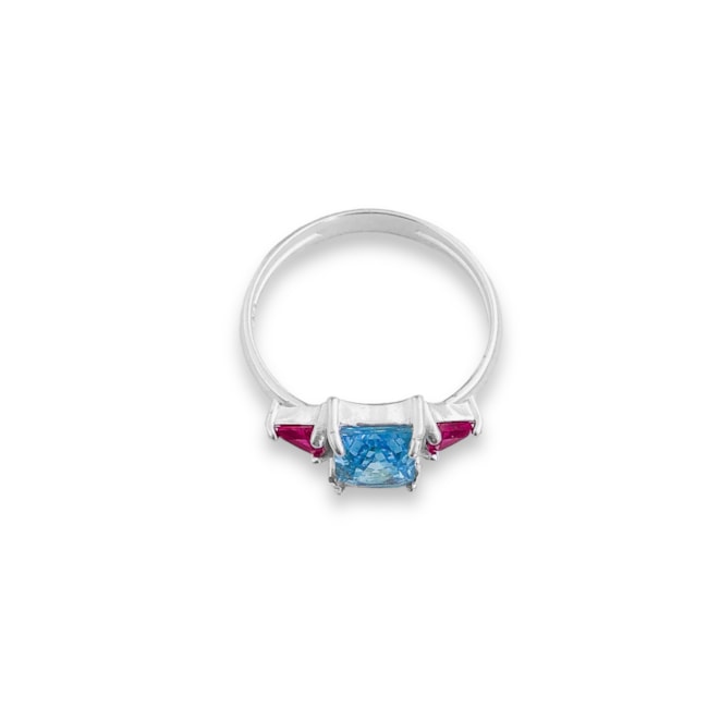 Anel com Zircônia Água Marinha Quadrada e Rubi Rose Triangular
