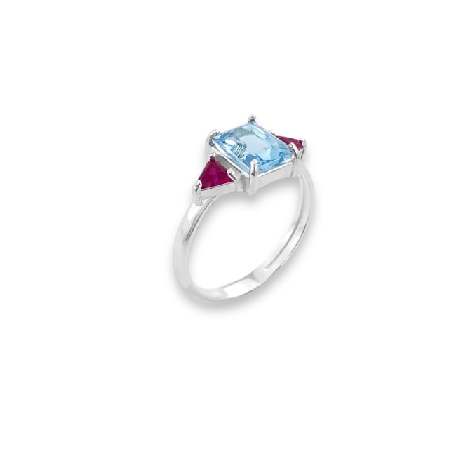 Anel com Zircônia Água Marinha Quadrada e Rubi Rose Triangular