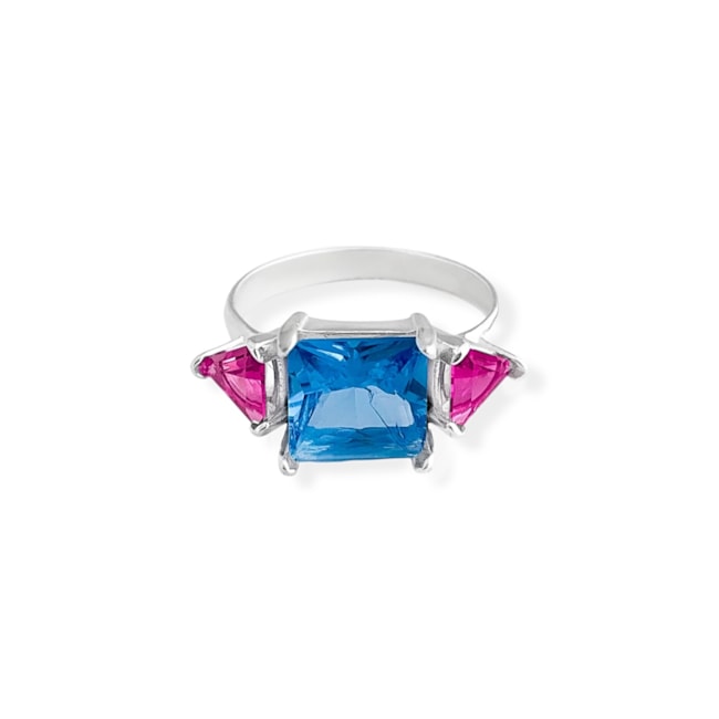 Anel com Zircônia Água Marinha Quadrada e Rubi Rose Triangular