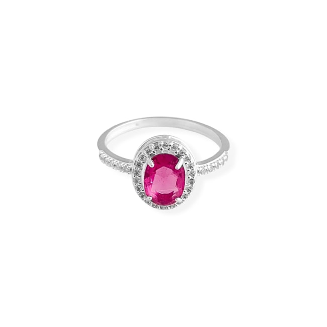 Anel com Zircônia Rubi Oval e Microzircônias