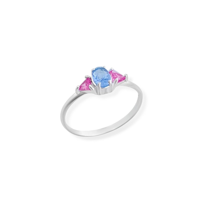 Anel com Zircônias Água Marinha e Rubi Rose