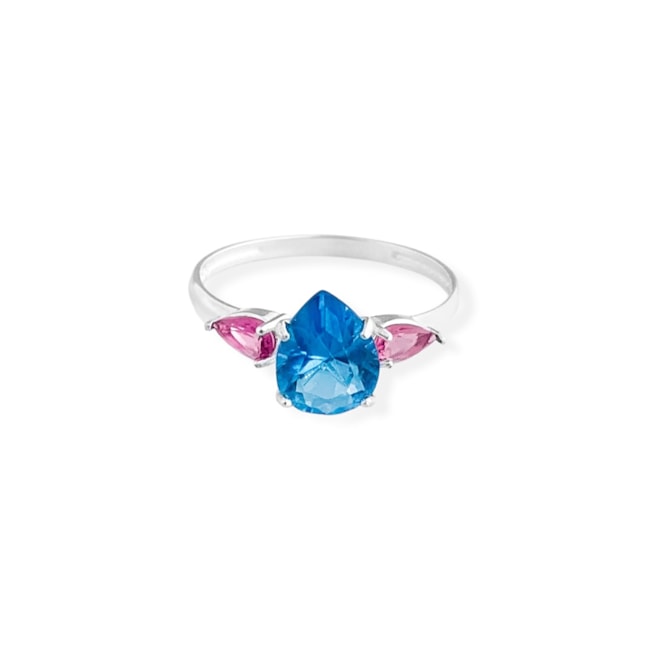 Anel com Zircônias Água Marinha e Rubi Rose em Gota