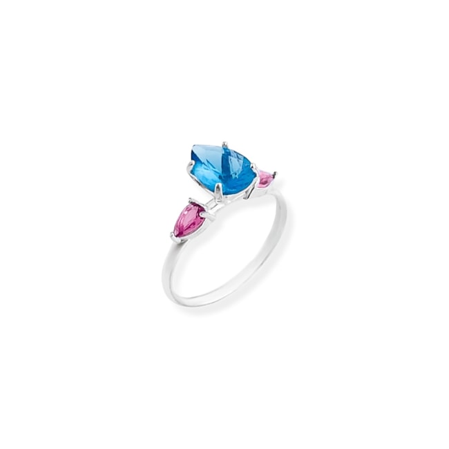 Anel com Zircônias Água Marinha e Rubi Rose em Gota