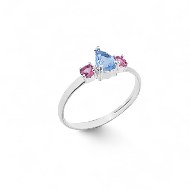 Anel com Zircônias Água Marinha em Gota e Rubi Rose Redondas