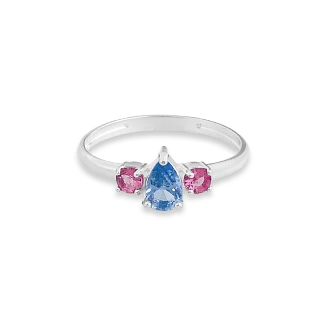 Anel com Zircônias Água Marinha em Gota e Rubi Rose Redondas