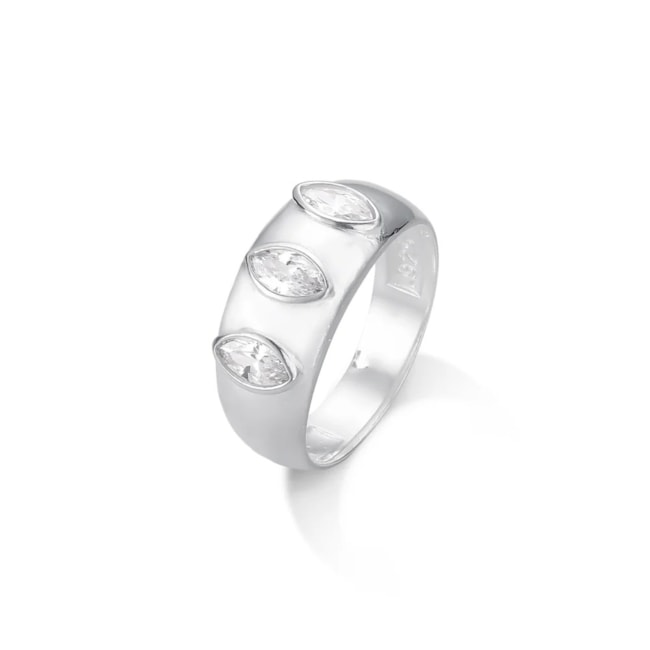 Anel de Aro Largo com Três Zircônias Navete Cristal