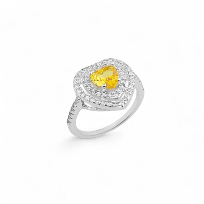 Anel de Coração Cravejado com Zircônia Cristal e Amarela 