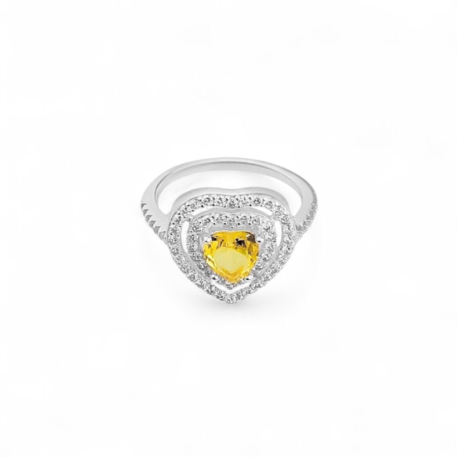 Anel de Coração Cravejado com Zircônia Cristal e Amarela 