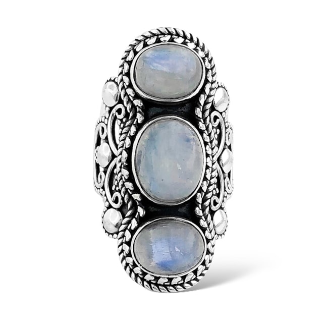 Anel de Pedra da Lua com Três Pedras em Formato Oval com Detalhes de Corda e Arabescos