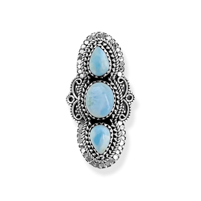 Anel de Pedra Larimar com Três Pedras em Formato de Gota e Oval