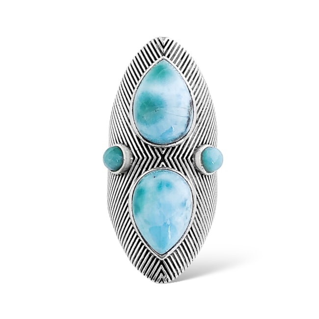 Anel de Pedra Larimar em Formato de Gota com Textura Listrada