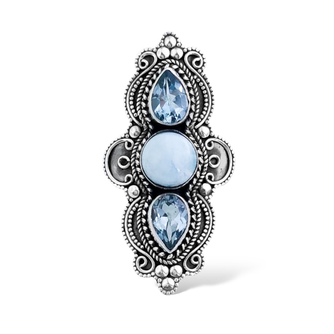 Anel de Pedra Larimar Oval no Meio e Topázio Azul em Gota Trabalhado 