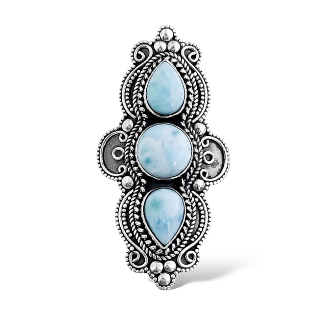 Anel de Pedra Larimar Oval no Meio e Topázio Azul em Gota Trabalhado