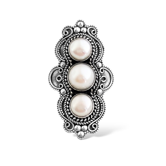 Anel de Pedra Pérola com Três Pedras em Formato de Gota e Oval com Detalhes em Arabescos