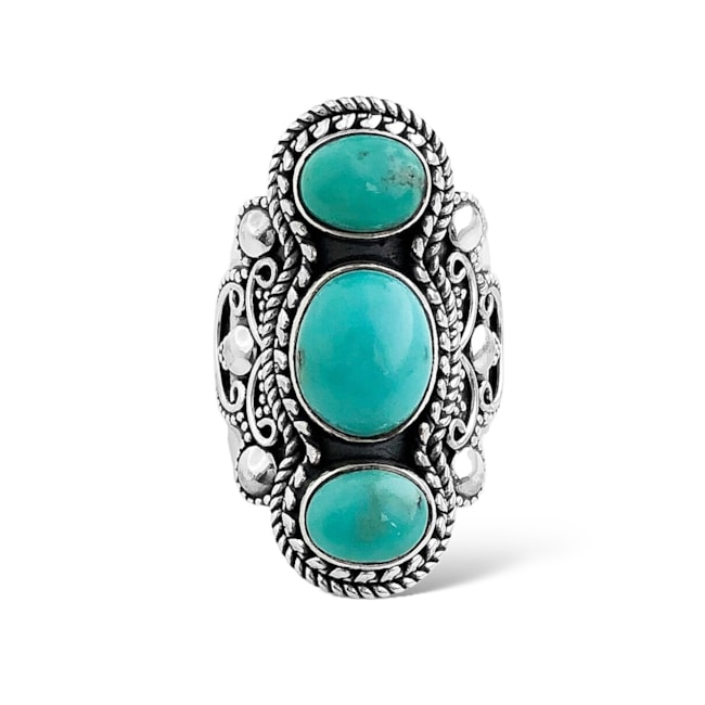 Anel de Pedra Turquesa com Três Pedra em Formato Oval com Detalhes de Corda e Arabescos