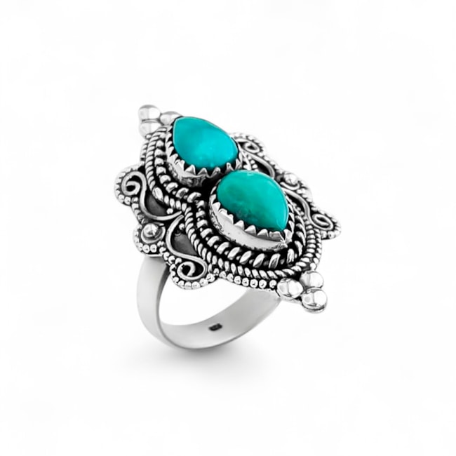 Anel de Pedra Turquesa em Formato de Gota com Detalhes de Corda e Arabescos 