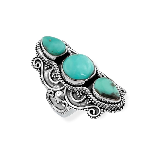 Anel de Pedra Turquesa em Formato de Gota e Oval com Detalhes em Corda e Arabescos