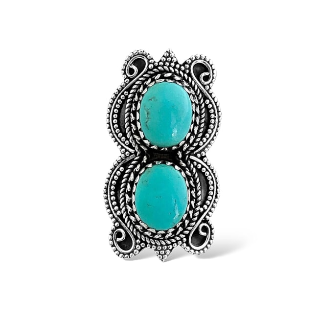 Anel de Pedra Turquesa em Formato Oval com Detalhes de Corda e Arabescos