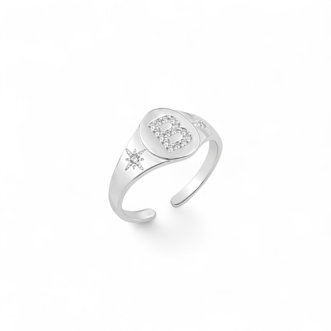 Anel de Topo Oval com Letra B Cravejada e Estrelas Ajustável 