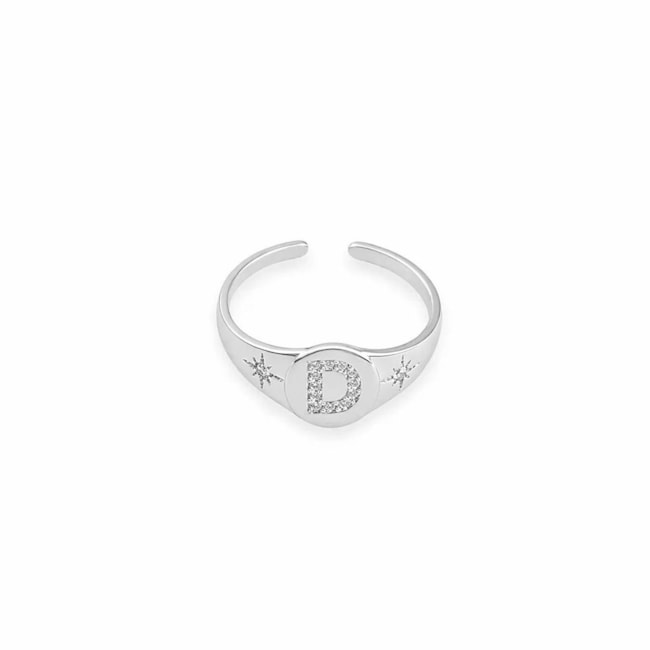 Anel de Topo Oval com Letra D Cravejada e Estrela Ajustável 