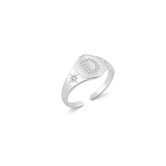 Anel de Topo Oval com Letra D Cravejada e Estrela Ajustável 