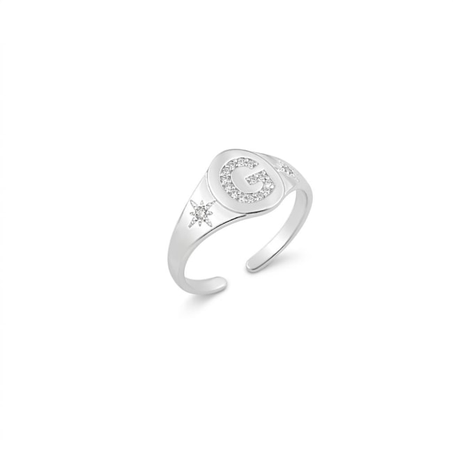Anel de Topo Oval com Letra G Cravejada e Estrelas Ajustável 