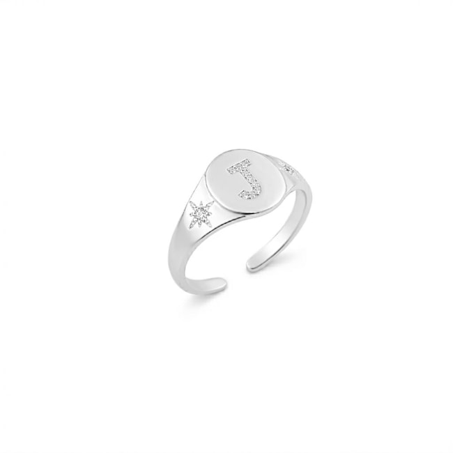 Anel de Topo Oval com Letra J Cravejada e Estrelas Ajustável 
