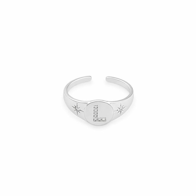 Anel de Topo Oval com Letra L Cravejada e Estrelas Ajustável 