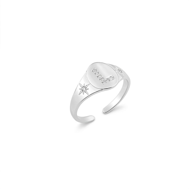 Anel de Topo Oval com Letra L Cravejada e Estrelas Ajustável 