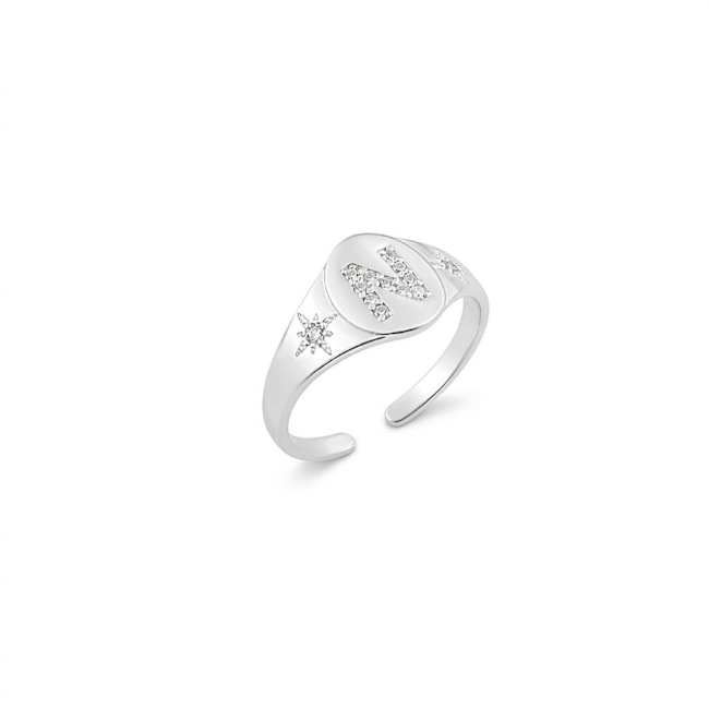 Anel de Topo Oval com Letra N Cravejada e Estrela Ajustável 