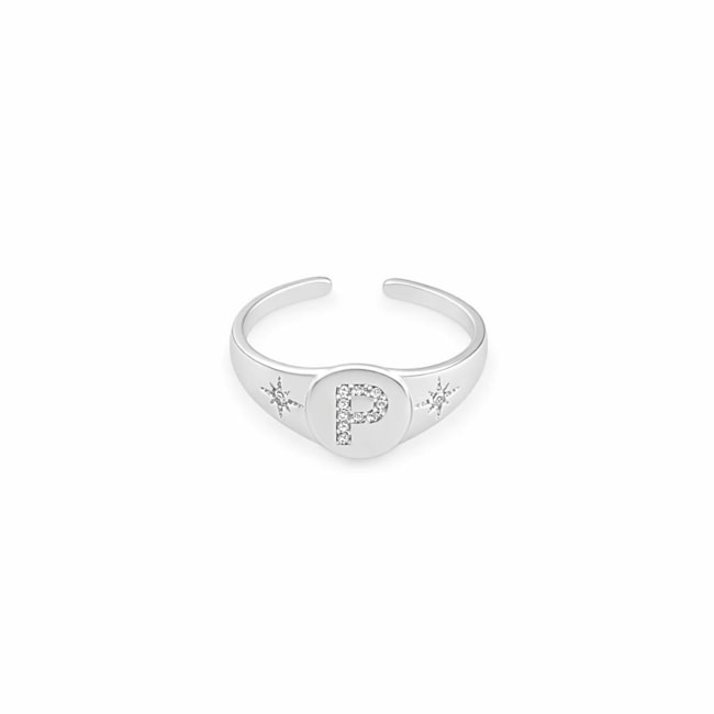 Anel de Topo Oval com Letra P Cravejada e Estrelas Ajustável 