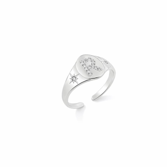Anel de Topo Oval com Letra R Cravejada e Estrelas Ajustável 
