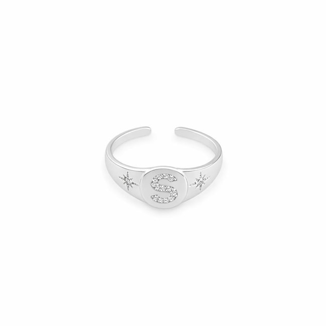 Anel de Topo Oval com Letra S Cravejada e Estrela Ajustável 